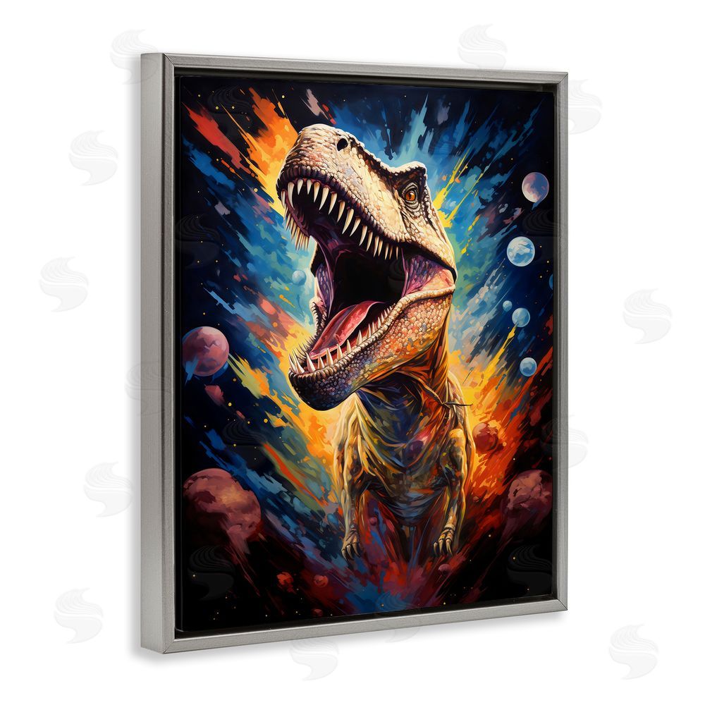 Creative Studio Dinosaur with Planets Gray Floating Frame Canvas Wall Art