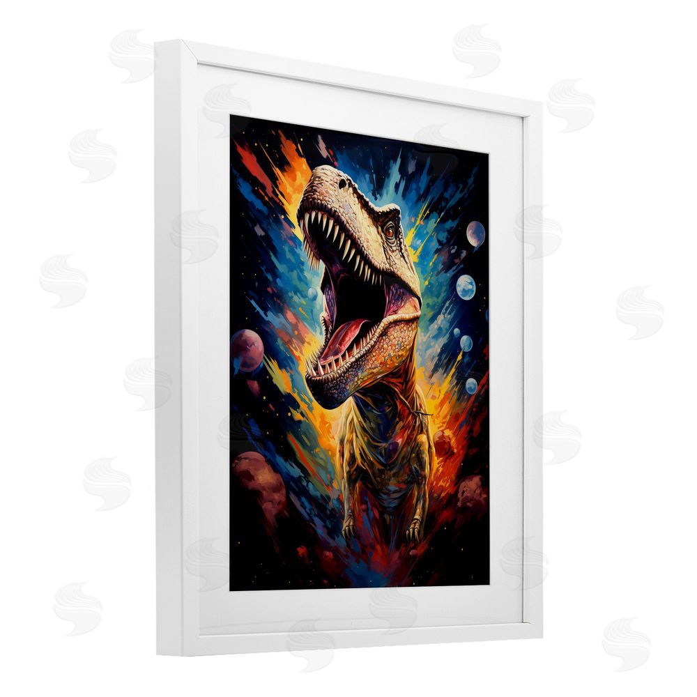 Creative Studio Dinosaur with Planets White Framed Print Under Glass with Mat Wall Art