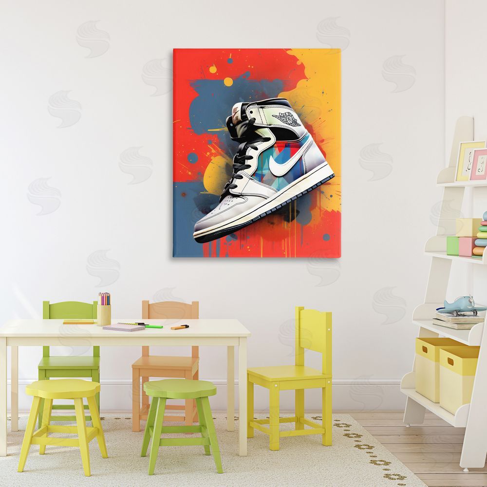 Creative Studio Shoe With Colorblock Background Stretched Canvas Wall Art Print in Room