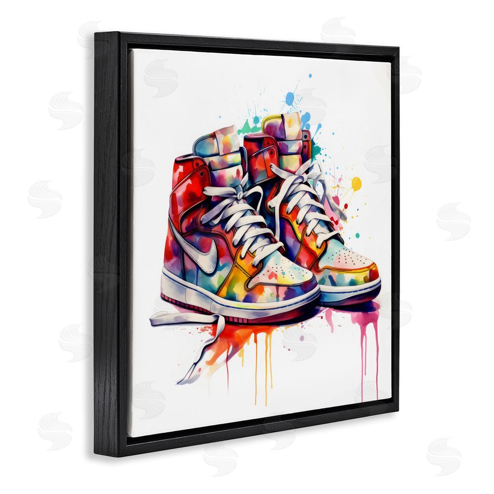 Creative Studio Sneakers with Watercolor Drip Black Floating Frame Canvas Wall Art Print