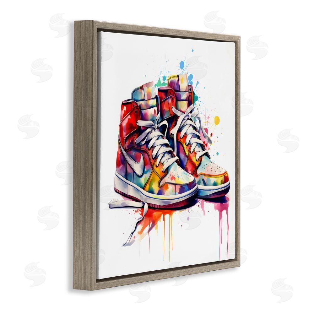 Creative Studio Sneakers with Watercolor Drip Brown Floating Frame Canvas Wall Art Print