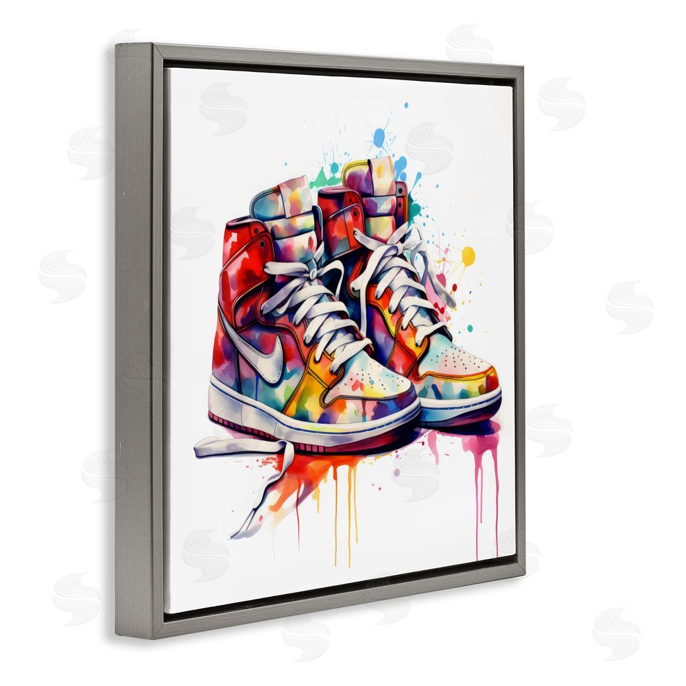 Creative Studio Sneakers with Watercolor Drip Gray Floating Frame Canvas Wall Art Print
