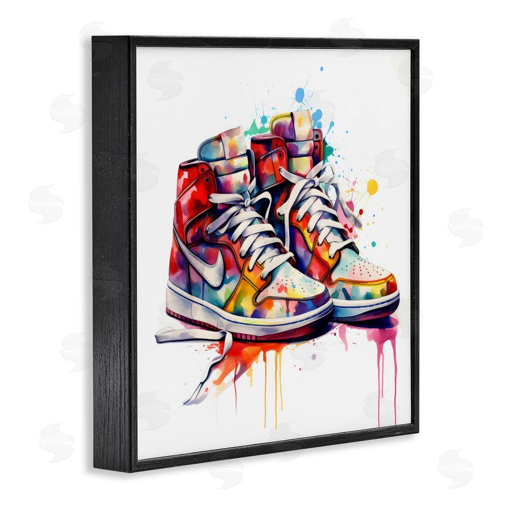 Creative Studio Sneakers with Watercolor Drip Black Framed Giclee Wall Art Print