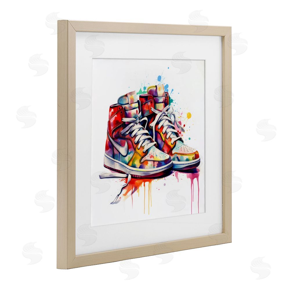 Creative Studio Sneakers with Watercolor Drip Brown Framed Print Under Glass Wall Art