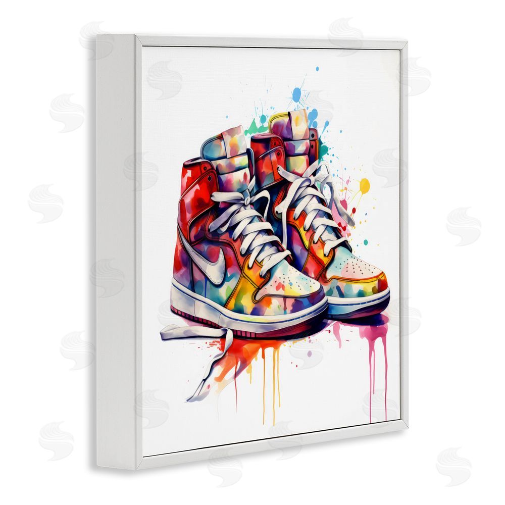 Creative Studio Sneakers with Watercolor Drip White Framed Giclee Wall Art Print