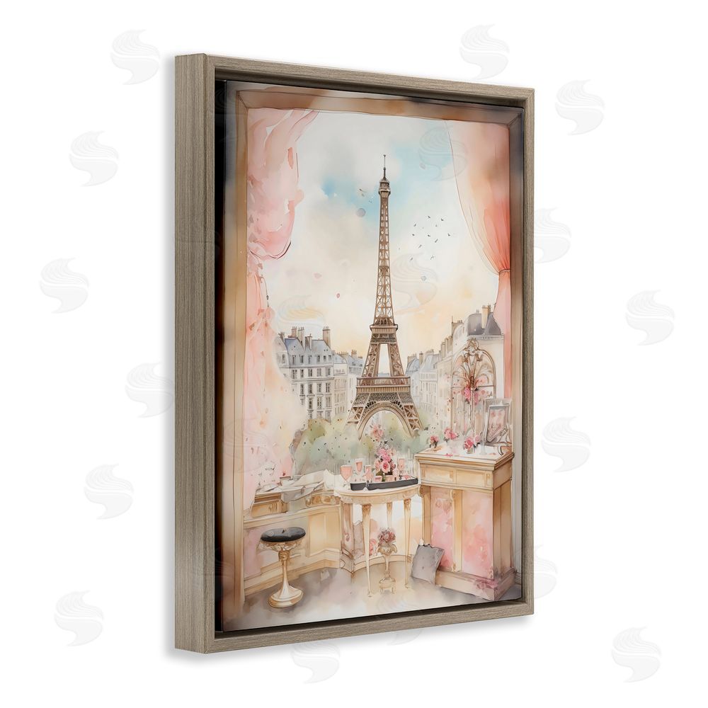 Creative Studio Eiffel Tower Window View Brown Floating Frame Canvas Wall Art