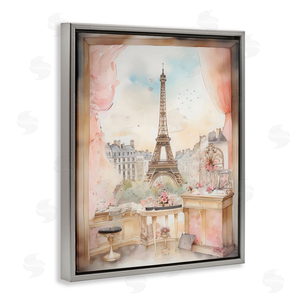 Creative Studio Eiffel Tower Window View Gray Floating Frame Canvas Wall Art