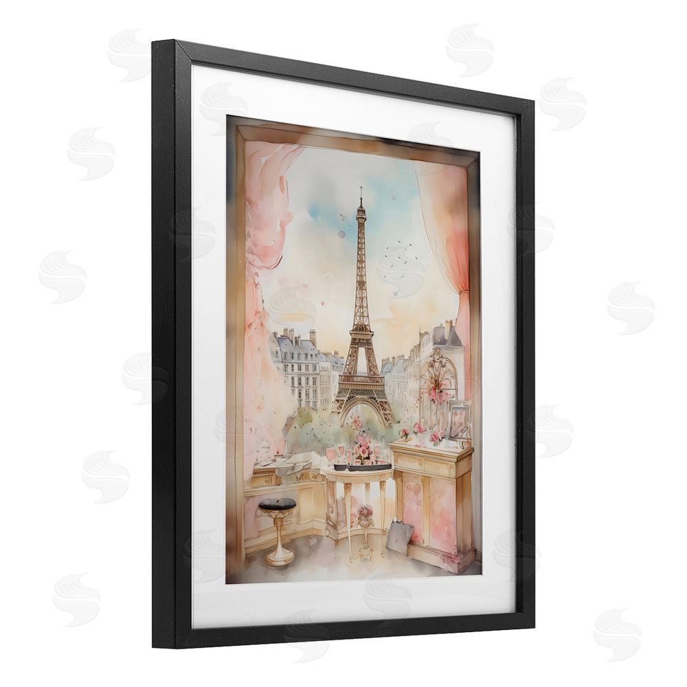 Creative Studio Eiffel Tower Window View Black Framed Print Under Glass with Mat Wall Art