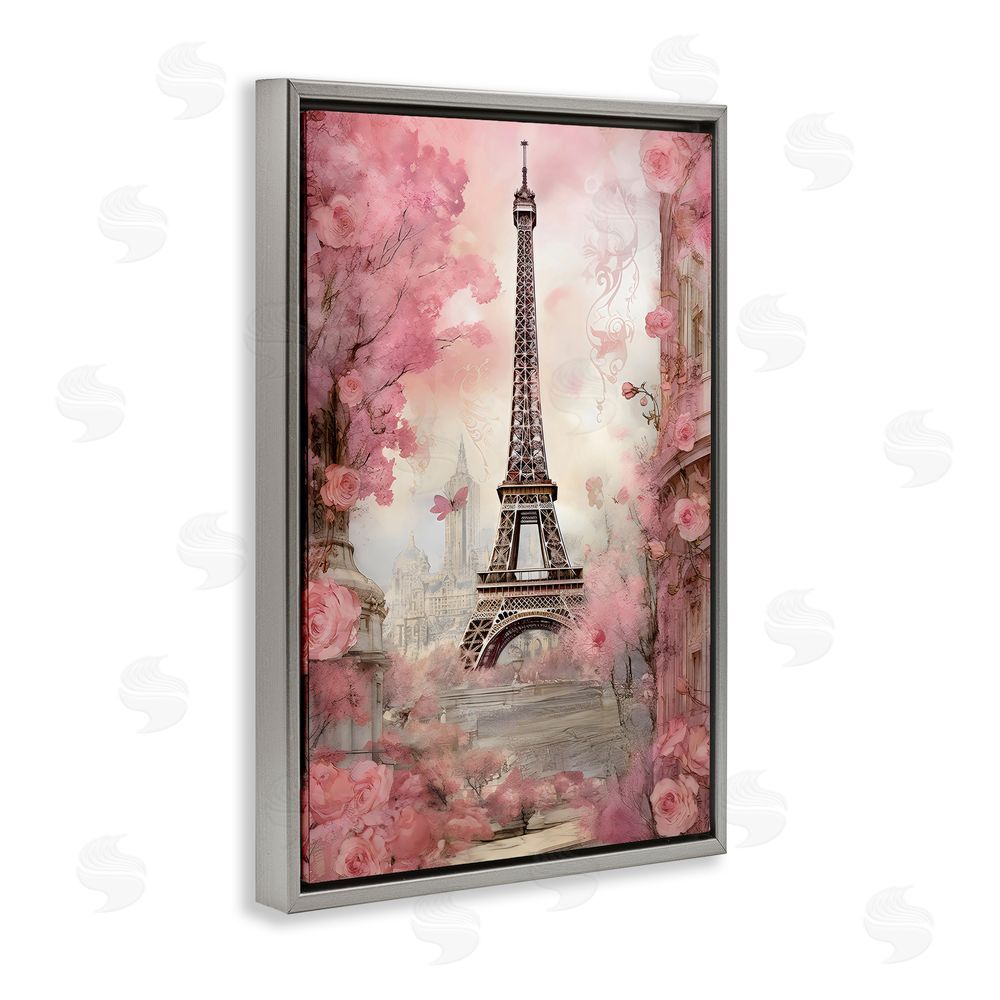 Creative Studio Paris City View in Bloom Gray Floating Frame Canvas Wall Art Print