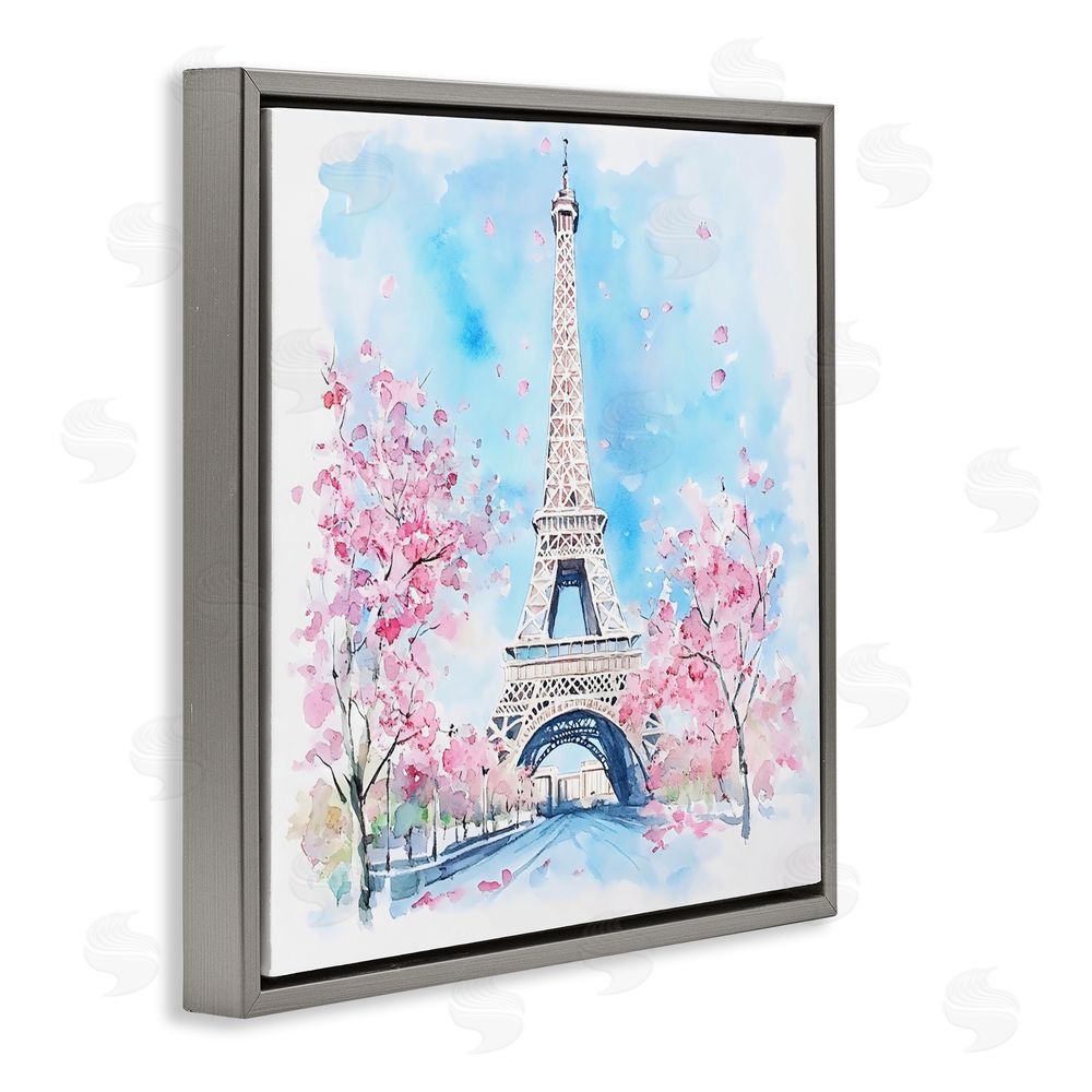 Creative Studio Eiffel Tower Cherry Blossoms Gray Floating Frame Canvas Wall Art