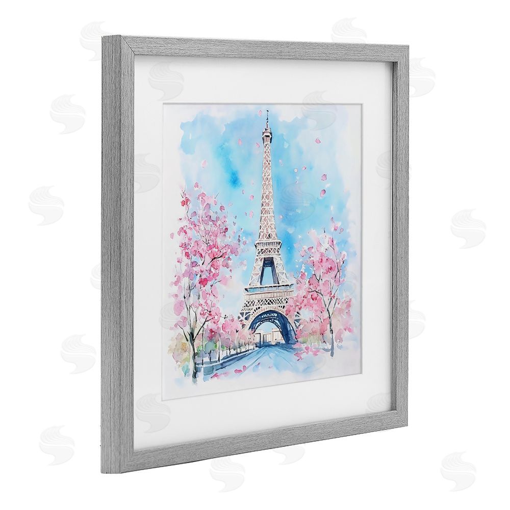 Creative Studio Eiffel Tower Cherry Blossoms Gray Framed Print Under Glass with Mat Wall Art
