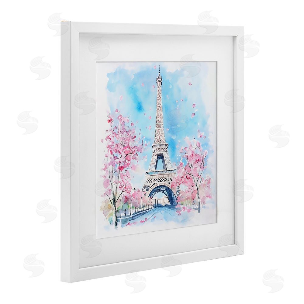 Creative Studio Eiffel Tower Cherry Blossoms White Framed Print Under Glass with Mat Wall Art
