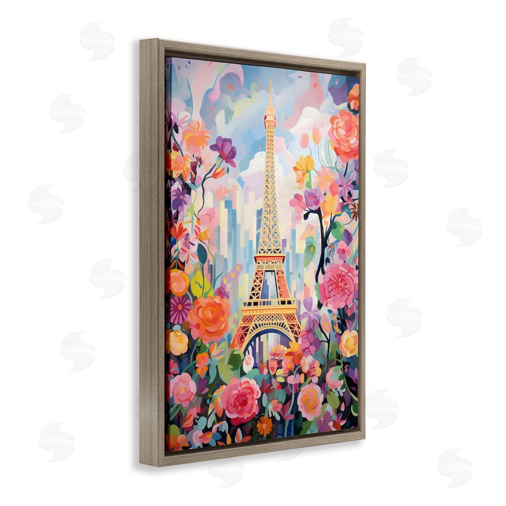 Creative Studio Eiffel Tower Surrounded By Florals Brown Floating Frame Canvas Wall Art