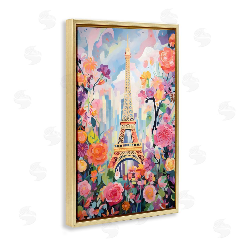 Creative Studio Eiffel Tower Surrounded By Florals Gold Floating Frame Canvas Wall Art