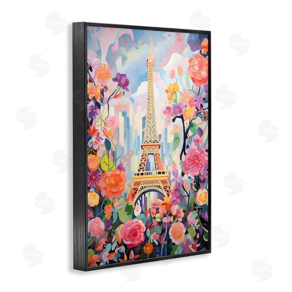 Creative Studio Eiffel Tower Surrounded By Florals Blacked Framed Giclee Wall Art Print