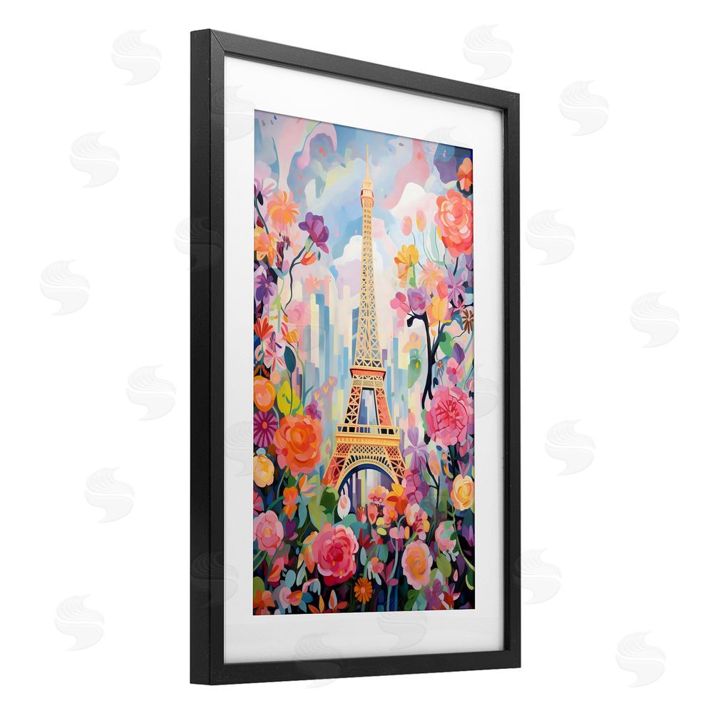 Creative Studio Eiffel Tower Surrounded By Florals Black Framed Print Under Glass with Mat Wall Art