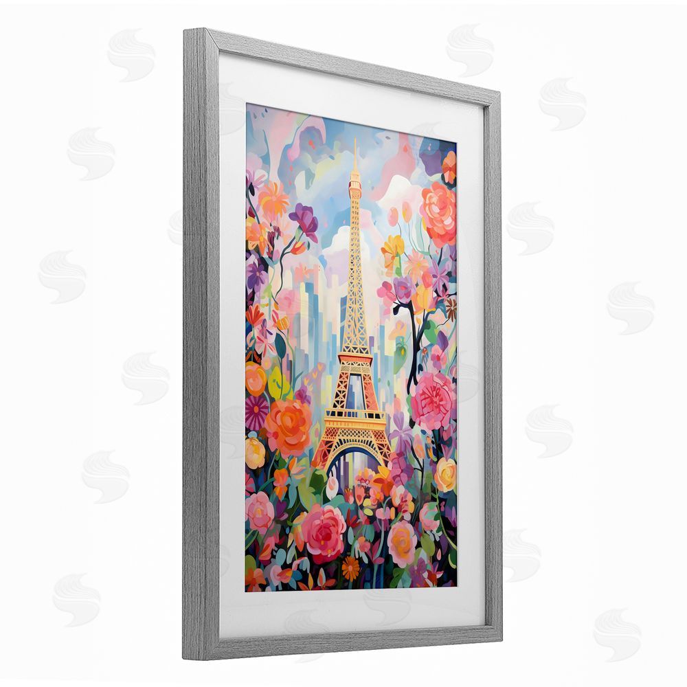 Creative Studio Eiffel Tower Surrounded By Florals Gray Framed Print Under Glass with Mat Wall Art