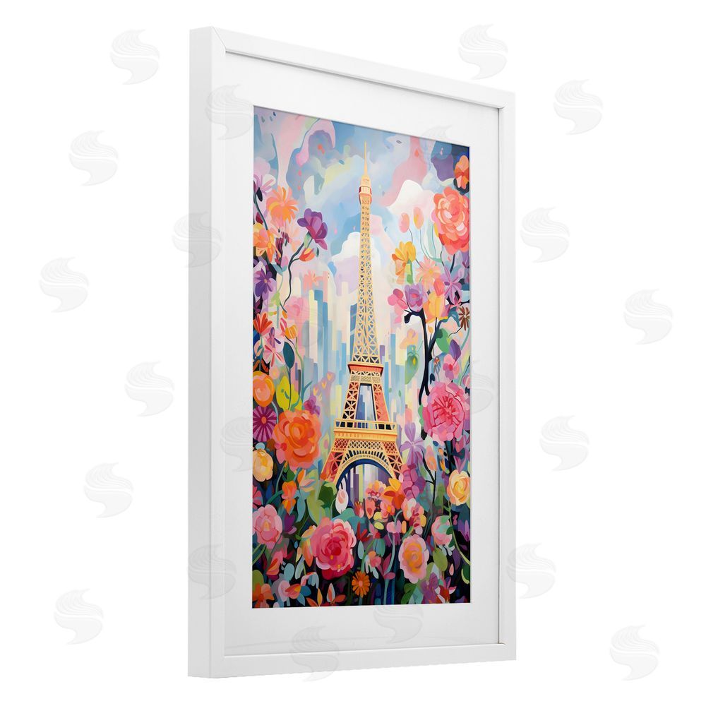 Creative Studio Eiffel Tower Surrounded By Florals White Framed Print Under Glass with Mat Wall Art