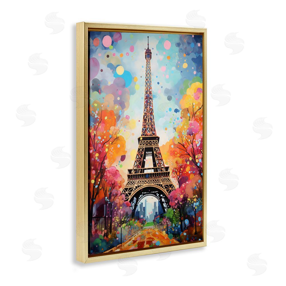 Creative Studio Eiffel Tower with Colorful Trees Gold Floating Frame Canvas Wall Art