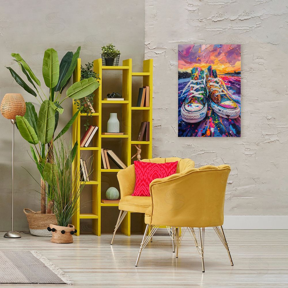 Creative Studio Vibrant Sneakers at Sunset Stretched Canvas Wall Art Print in Room