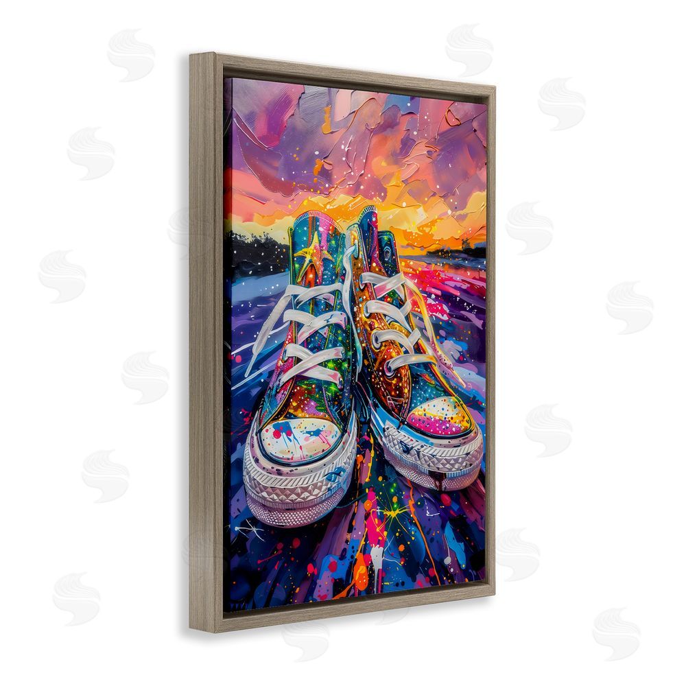 Creative Studio Vibrant Sneakers at Sunset Brown Floating Frame Canvas Wall Art Print