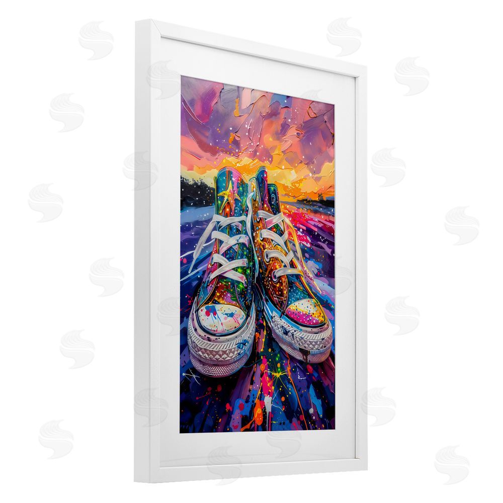 Creative Studio Vibrant Sneakers at Sunset White Framed Print Under Glass Wall Art