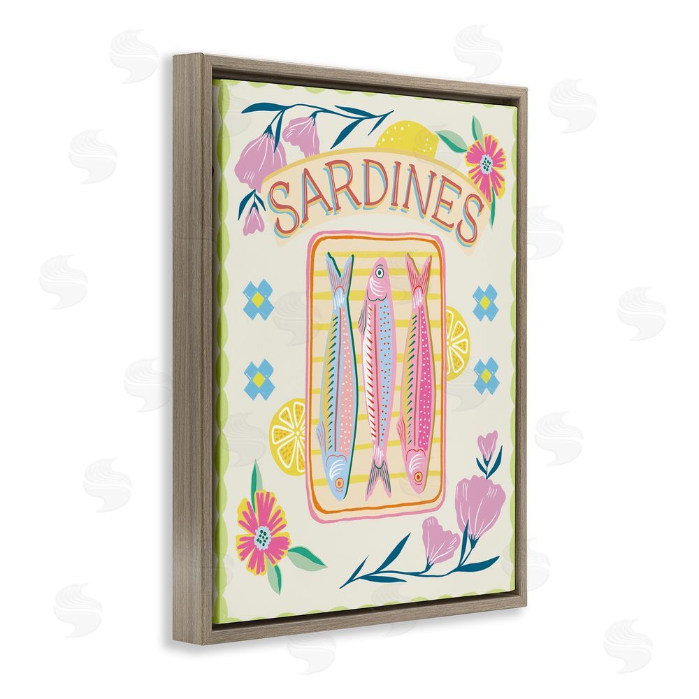 Jo Reid Pastel Sardines & Flowers Brown Floating Frame Canvas Wall Art Print