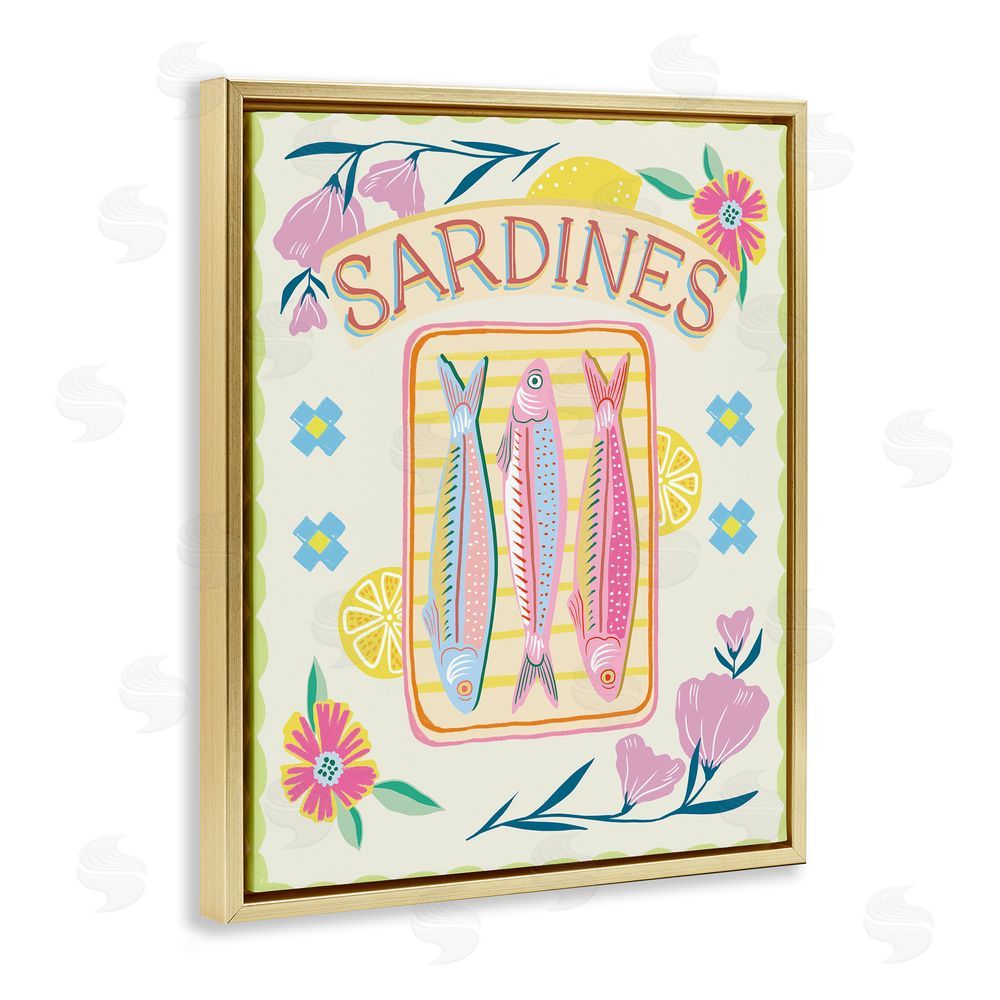 Jo Reid Pastel Sardines & Flowers Gold Floating Frame Canvas Wall Art Print
