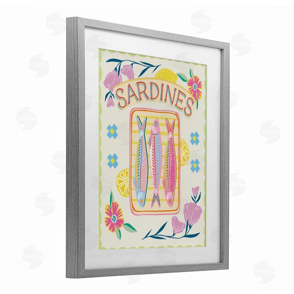 Jo Reid Pastel Sardines & Flowers Gray Framed Print Under Glass Wall Art