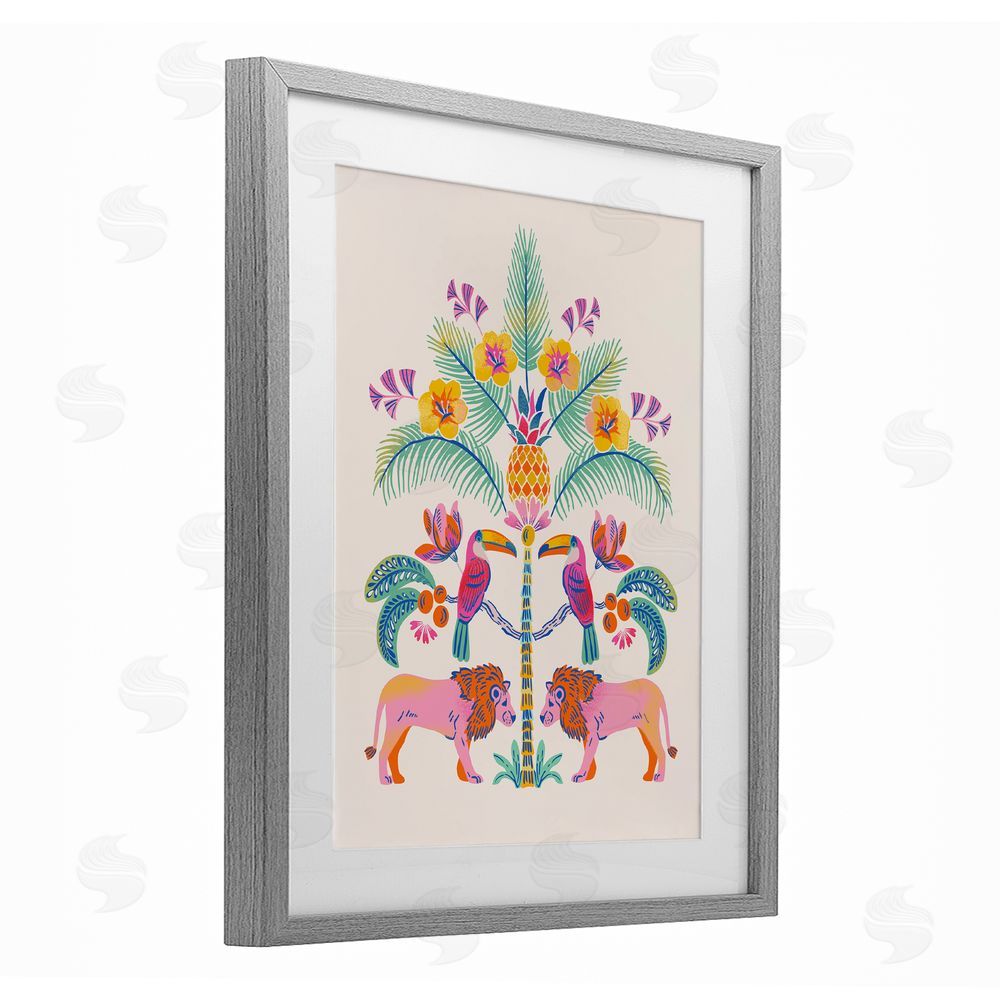 Riley Hutchens King of Jungle Symmetry Gray Framed Print Under Glass with Mat Wall Art