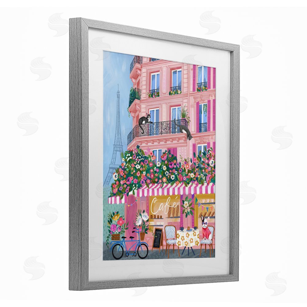 Arrolynn Weiderhold Cats on Cafe Balcony Gray Framed Print Under Glass Wall Art