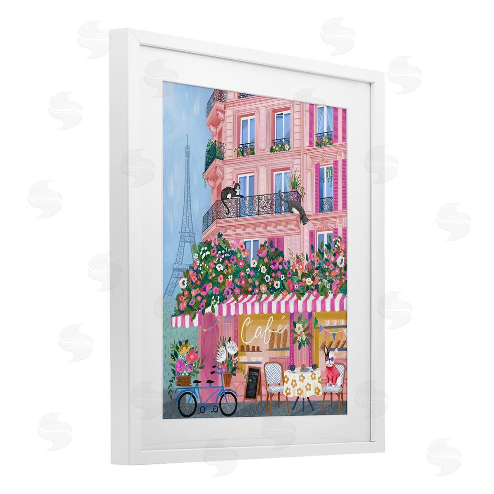 Arrolynn Weiderhold Cats on Cafe Balcony White Framed Print Under Glass Wall Art