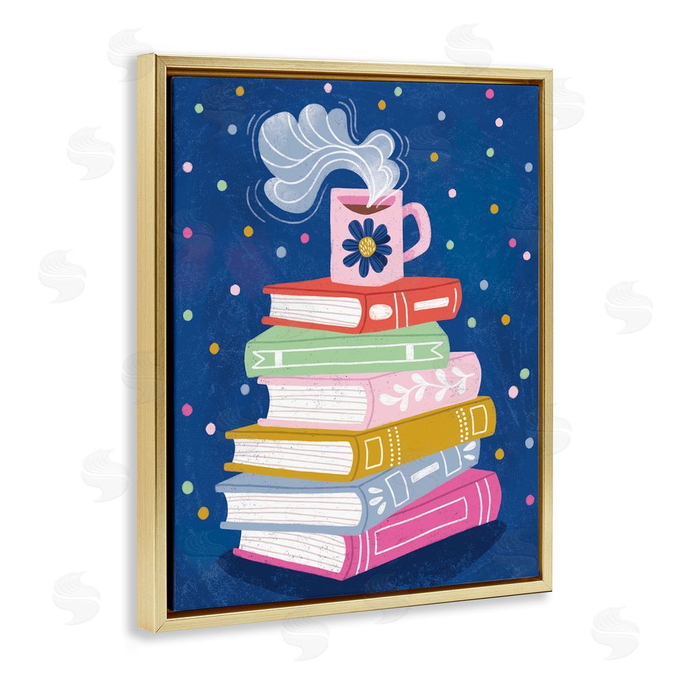 Vanessa Stoilova Book Stack & Cozy Mug Gold Floating Frame Canvas Wall Art Print