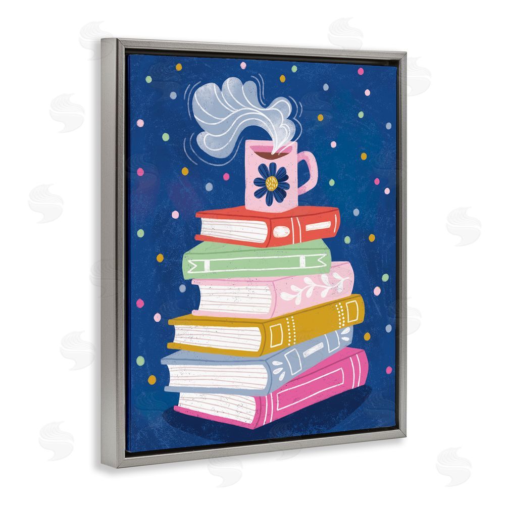 Vanessa Stoilova Book Stack & Cozy Mug Gray Floating Frame Canvas Wall Art Print