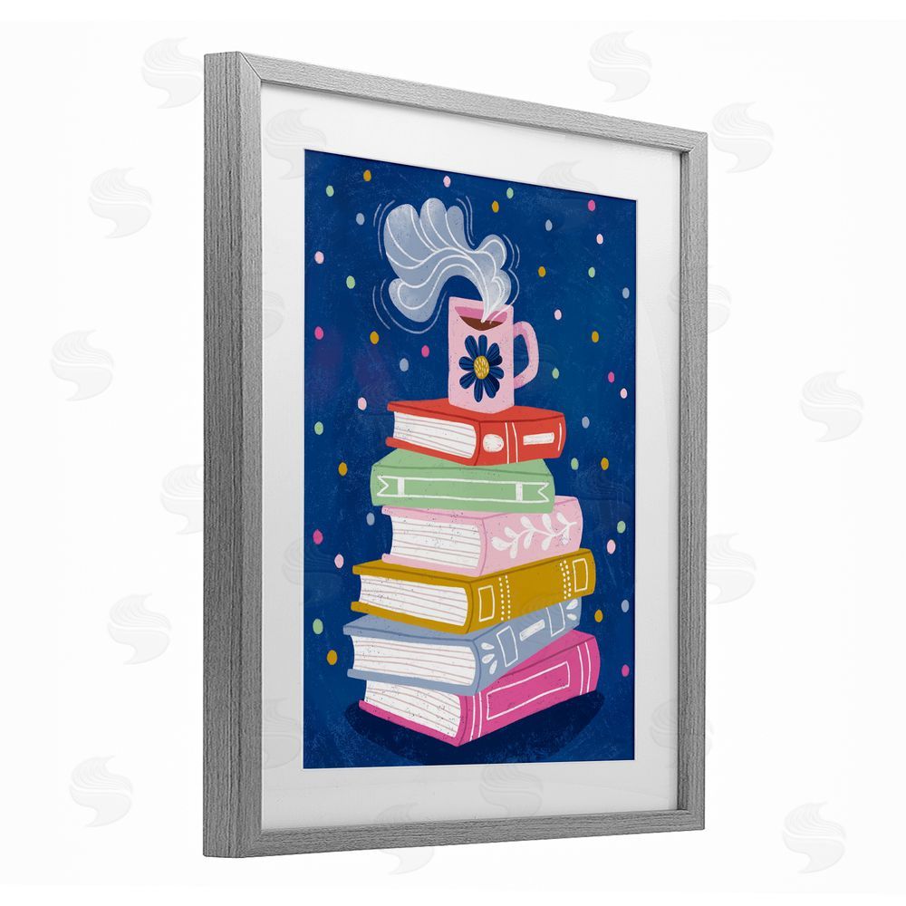 Vanessa Stoilova Book Stack & Cozy Mug Gray Framed Print Under Glass Wall Art
