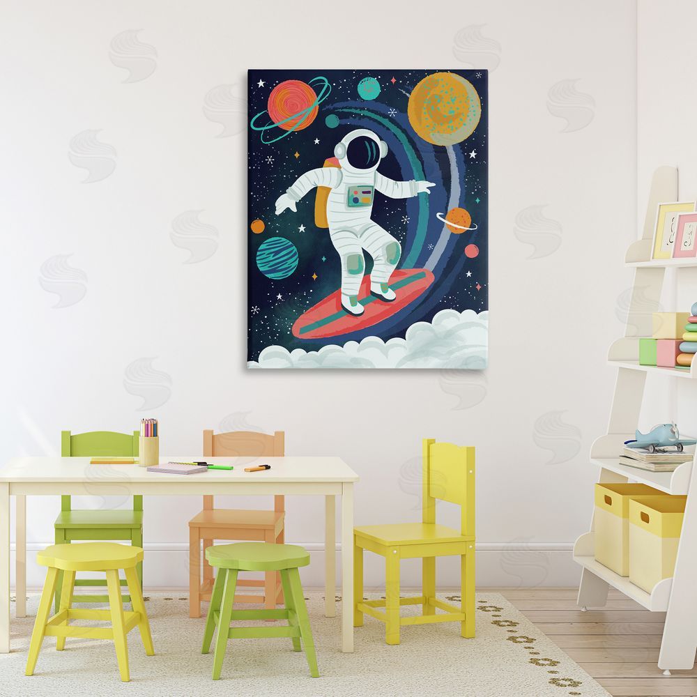 Lisa Perry Whitebutton Surfing Astronaut Beyond Space Stretched Canvas Wall Art Print in Room