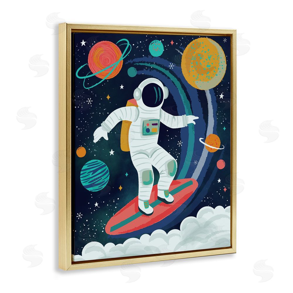 Lisa Perry Whitebutton Surfing Astronaut Beyond Space Gold Floating Frame Canvas Wall Art Print