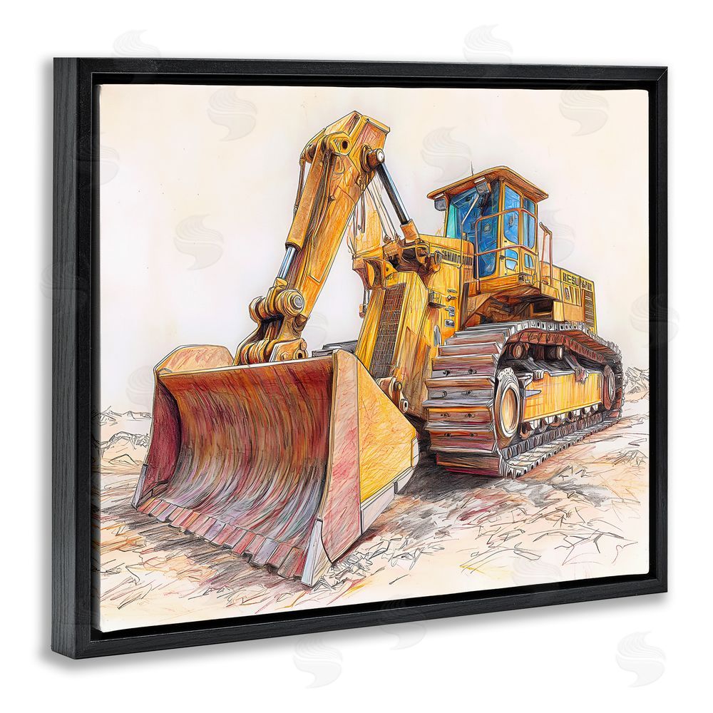 Steve Hunziker Industrial Bulldozer Drawing Black Floating Frame Canvas Wall Art
