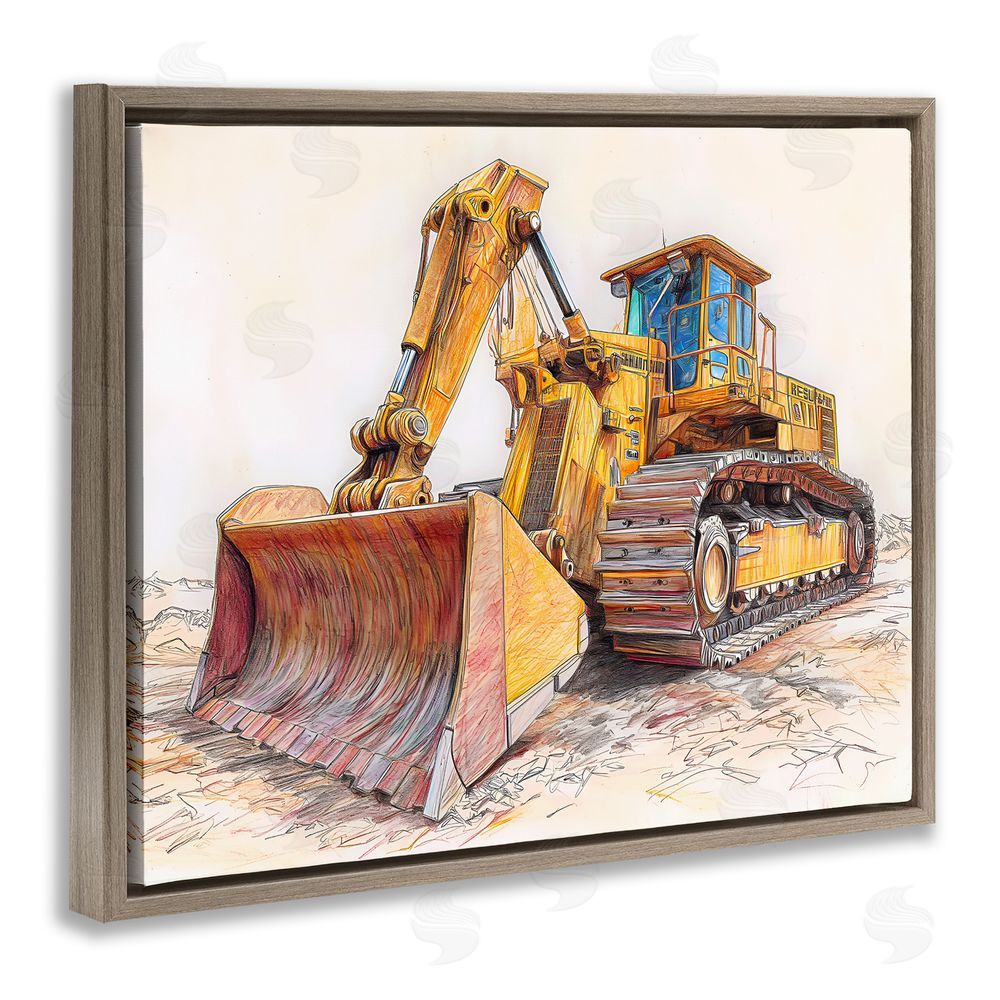 Steve Hunziker Industrial Bulldozer Drawing Brown Floating Frame Canvas Wall Art