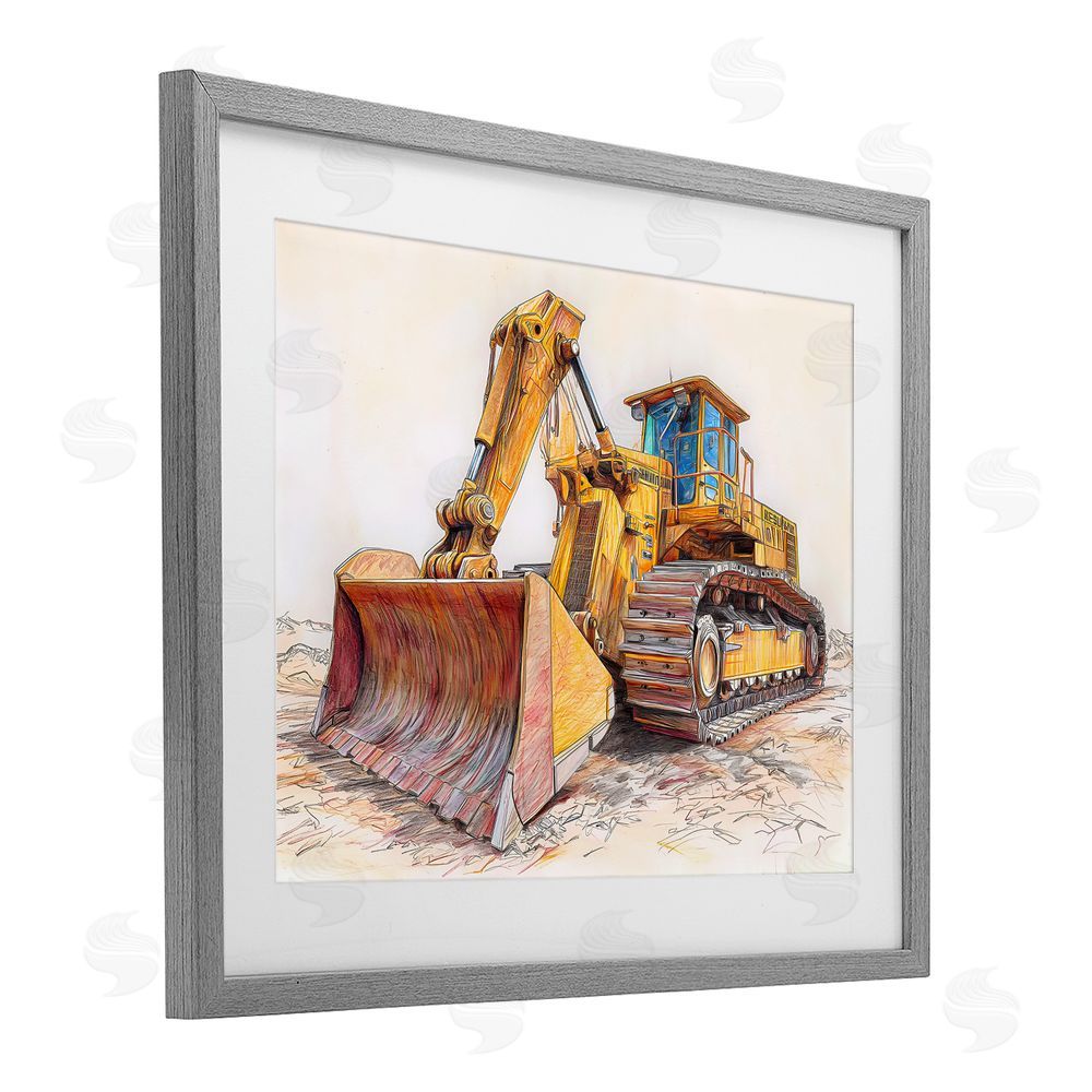 Steve Hunziker Industrial Bulldozer Drawing Gray Framed Print Under Glass with Mat Wall Art