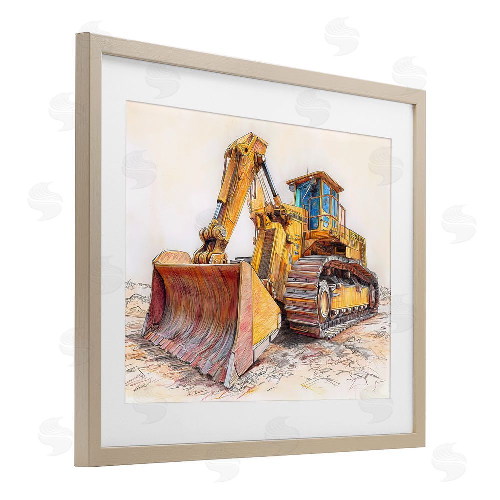 Steve Hunziker Industrial Bulldozer Drawing Brown Framed Print Under Glass with Mat Wall Art