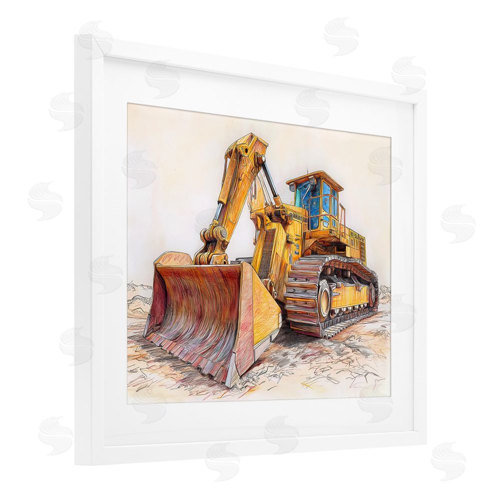 Steve Hunziker Industrial Bulldozer Drawing White Framed Print Under Glass with Mat Wall Art