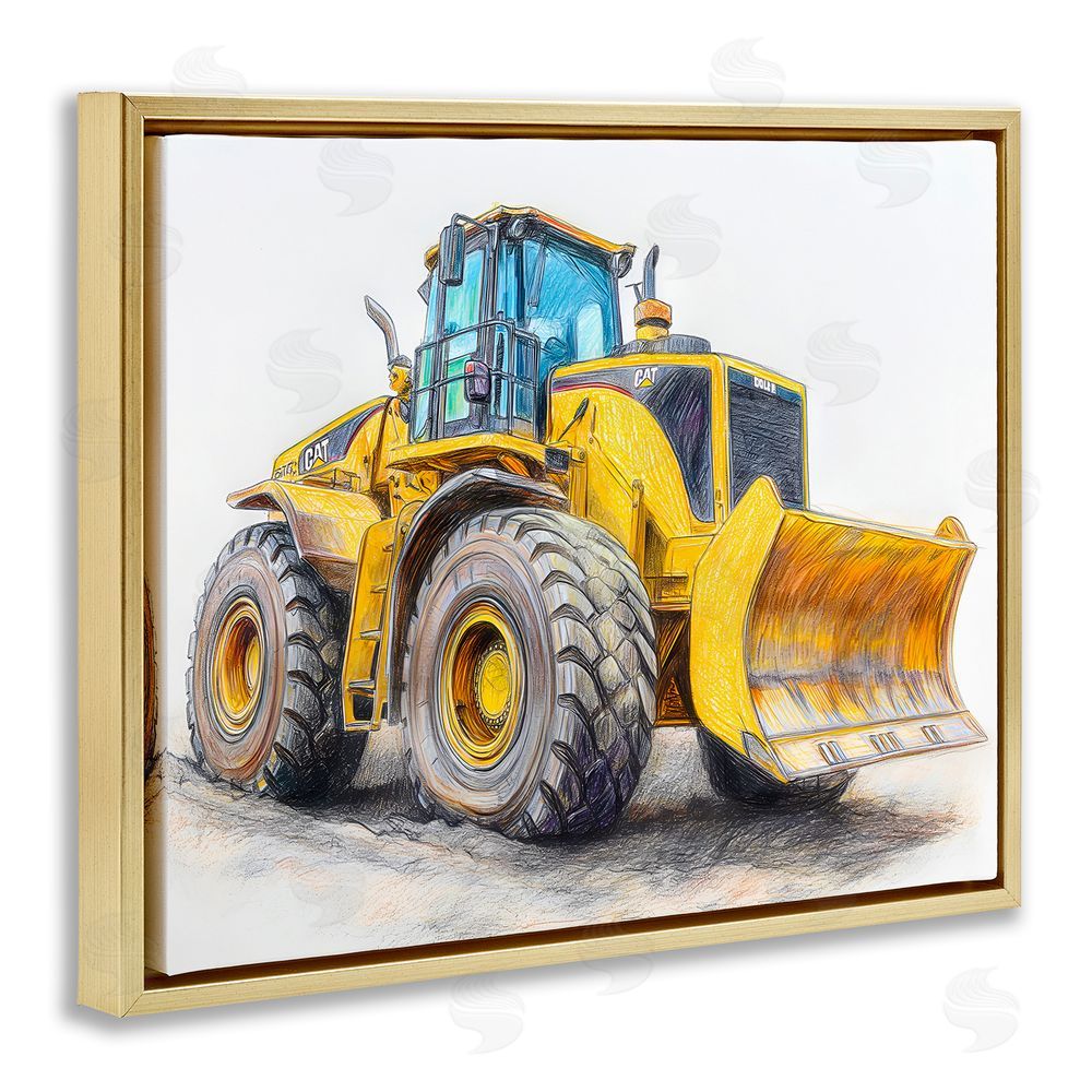 Steve Hunziker Industrial Excavator Drawing Gold Floating Frame Canvas Wall Art