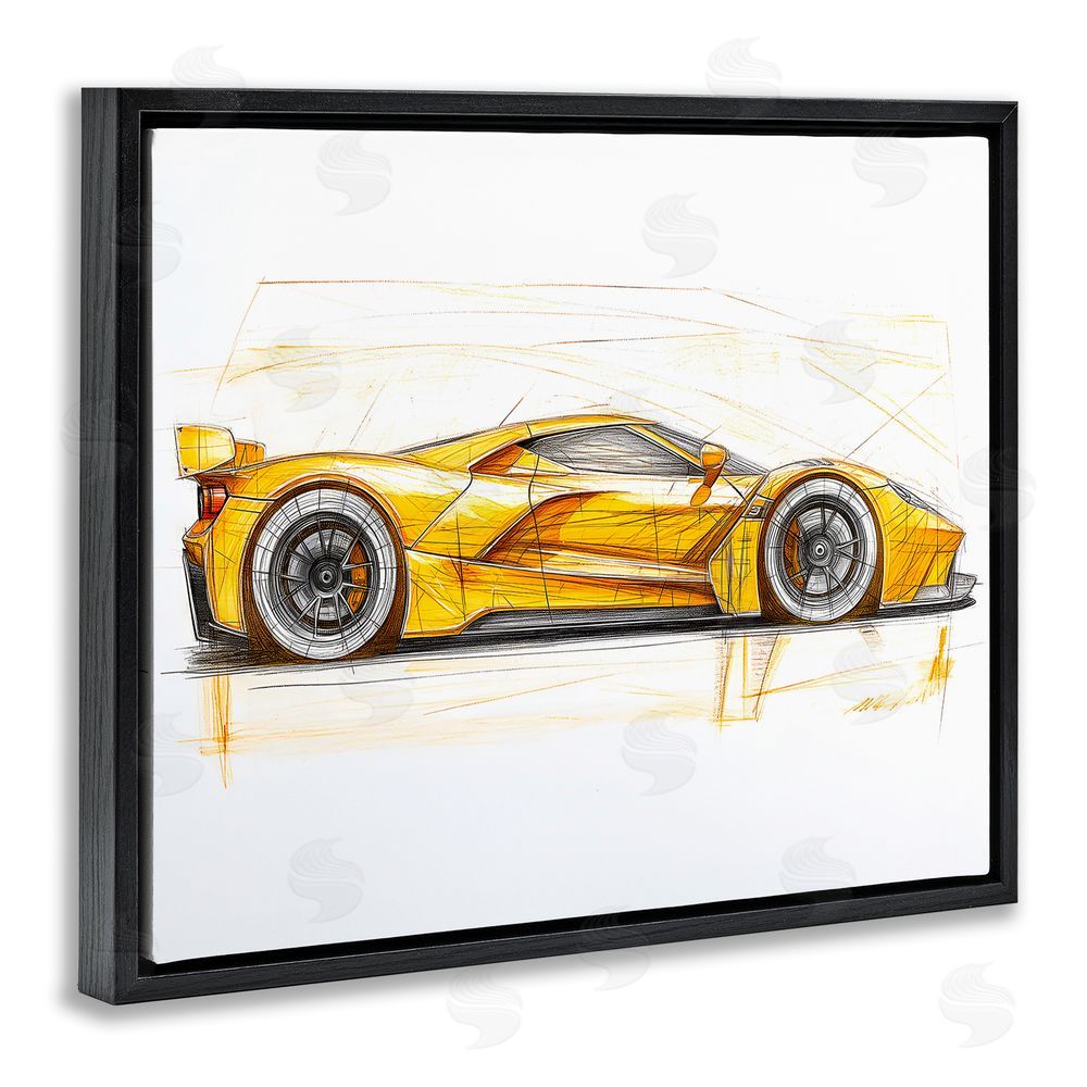 Steve Hunziker Yellow Sports Car Whimsicality Black Floating Frame Canvas Wall Art Print