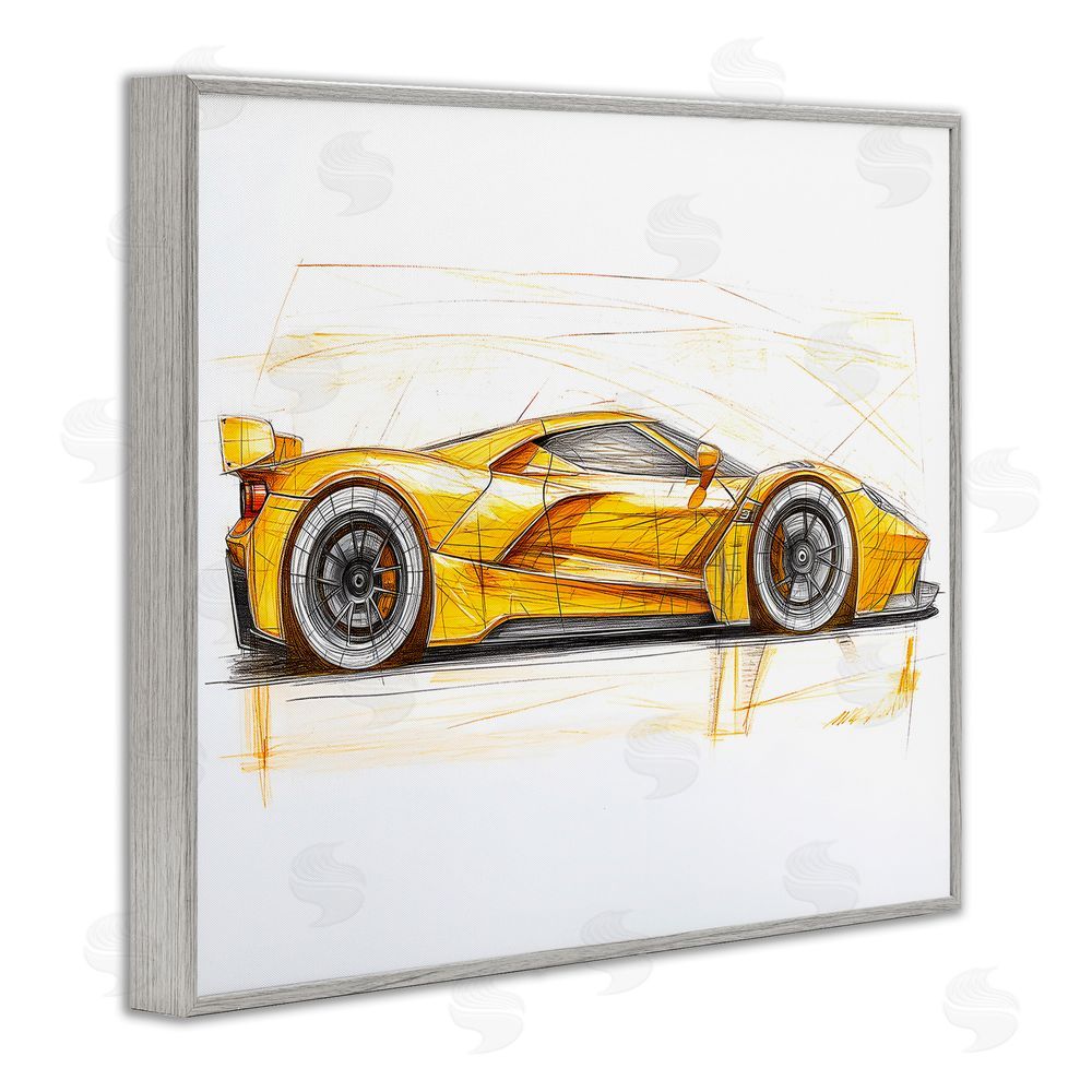 Steve Hunziker Yellow Sports Car Whimsicality Gray Framed Giclee Wall Art Print