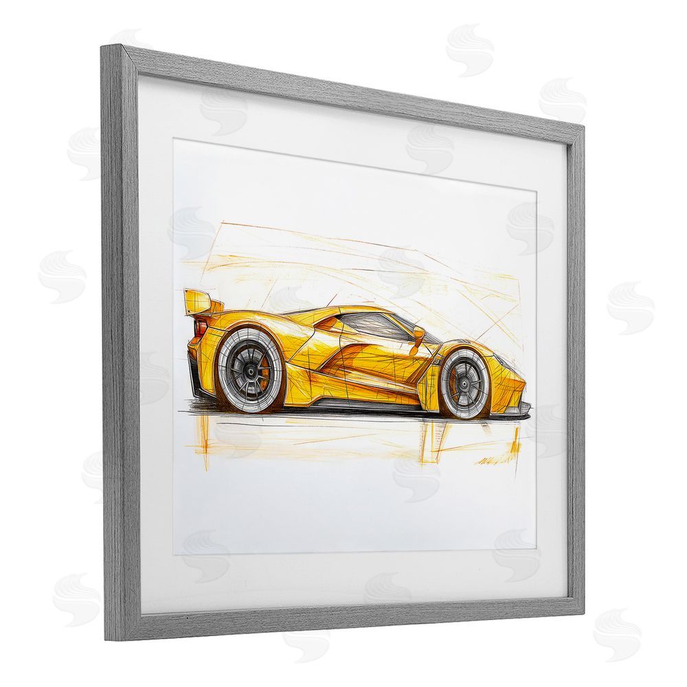 Steve Hunziker Yellow Sports Car Whimsicality Gray Framed Print Under Glass Wall Art
