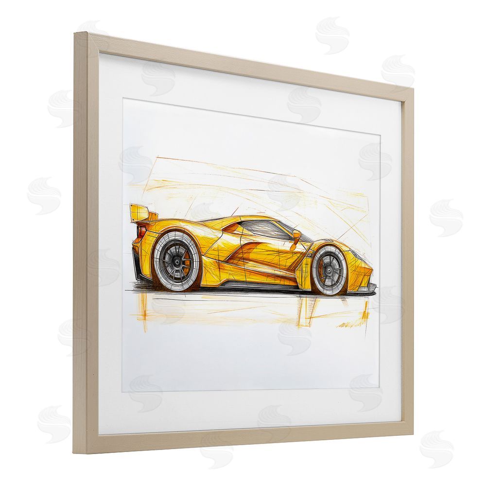Steve Hunziker Yellow Sports Car Whimsicality Brown Framed Print Under Glass Wall Art