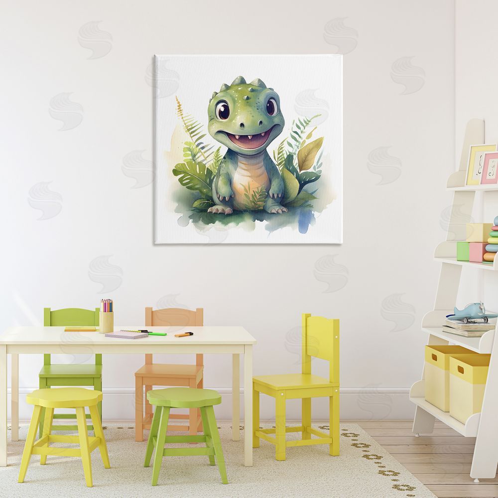 Steve Hunziker Crafty Dino & Foliage Stretched Canvas Wall Art Print in Room