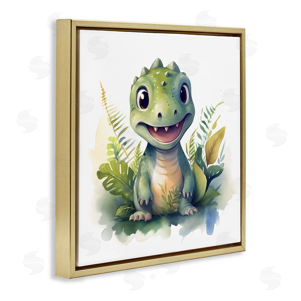 Steve Hunziker Crafty Dino & Foliage Gold Floating Frame Wall Art Print