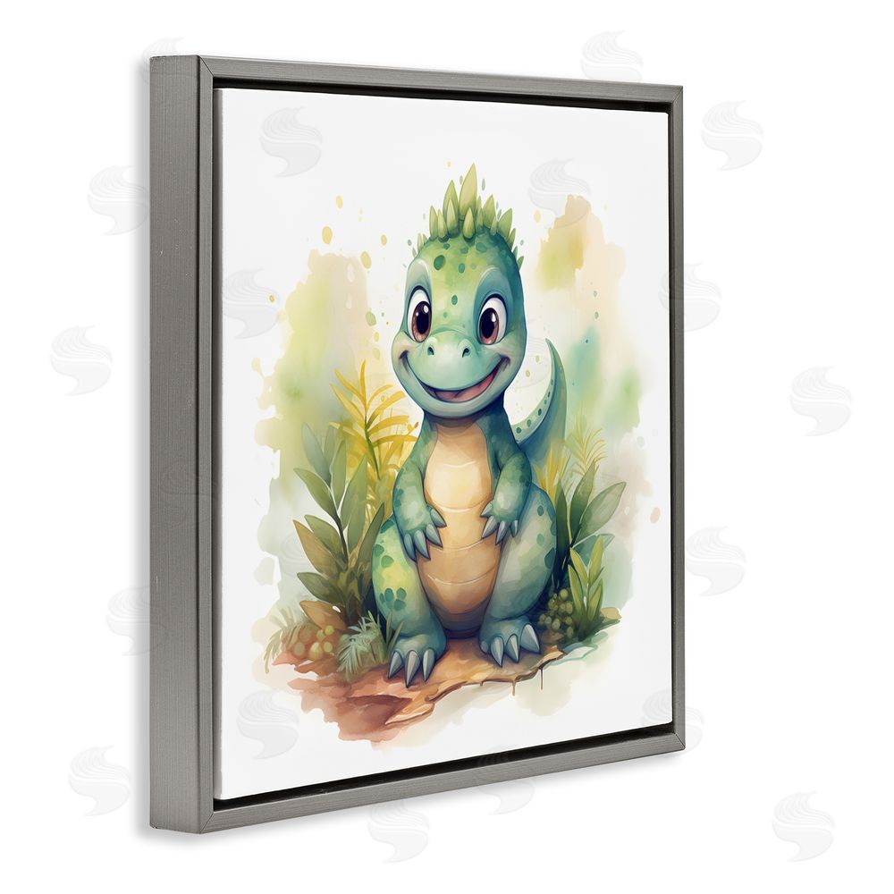 Steve Hunziker Crafty Smiling Dinosaur Gray Floating Frame Wall Art Print